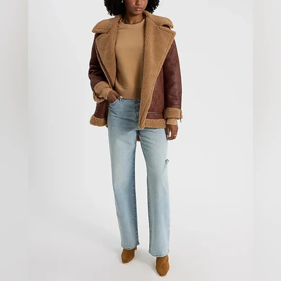 Express Crew Neck Banded Bottom Cropped Sweatshirt - Camel - Size M - Picture 3 of 6